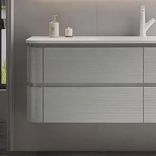 خزائن مرايا الحمام بالجملة، خزائن مرايا الحمام ذات اللون الرمادي الفاتح PVC مخصصة، خزائن مرايا الحمام ذات اللون الرمادي الفاتح على الطراز الحديث