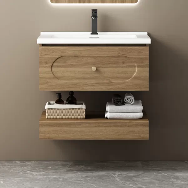 卸売小さなバスルーム洗面台、壁に取り付けられたブラウンのバスルームミラーキャビネットセットバルク