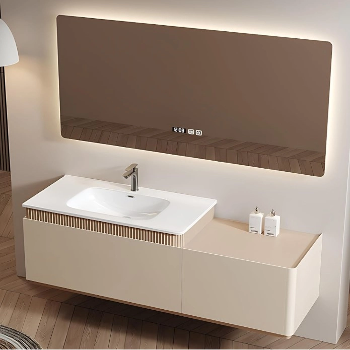 Cómo elegir el color del gabinete de baño de madera de color caqui y blanco