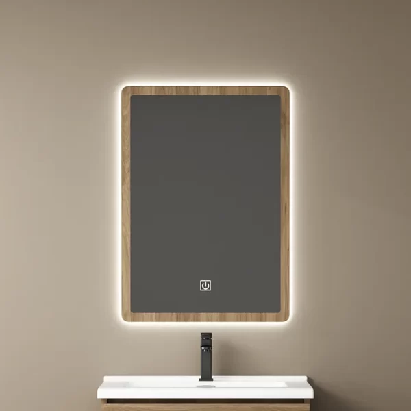 卸売小さなバスルーム洗面台、壁に取り付けられたブラウンのバスルームミラーキャビネットセットバルク