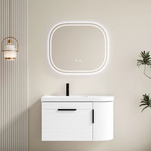 丸みを帯びたLEDミラーとOEMホワイトテクスチャバスルーム洗面台