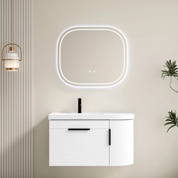 OEM Weiß texturiert Badezimmer Waschtisch mit abgerundeten LED-Spiegel