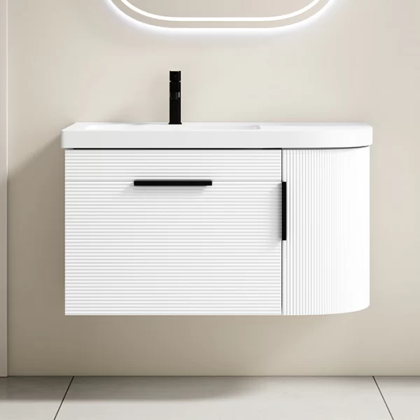 Großhandel Bad Schrank weiß, strukturierte Badezimmer Eitelkeit mit LED-Spiegel Lieferant