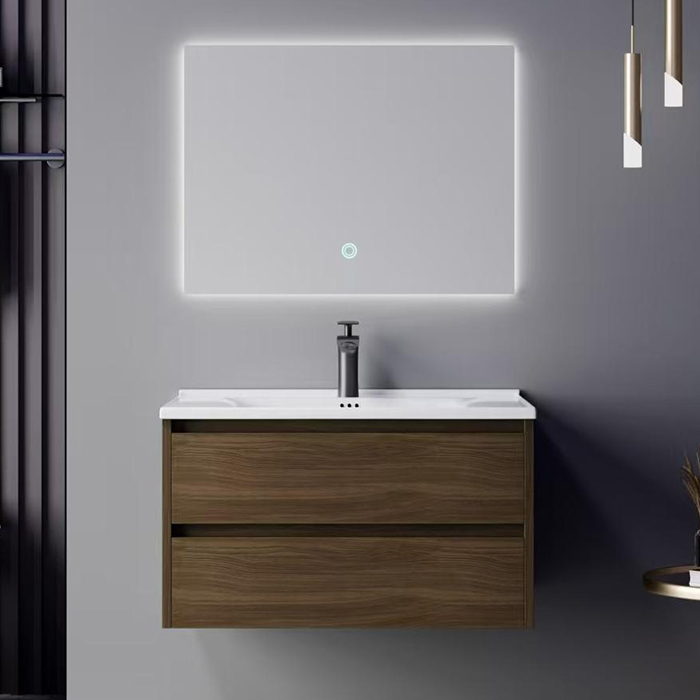 Wholesale Walnut Wood-Grain Bathroom Vanity Set with LED Smart Mirror
