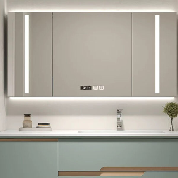 Vanidad del cuarto de baño de encargo con los fregaderos, proveedor verde del espejo del LED del cuadrado del gabinete del cuarto de baño