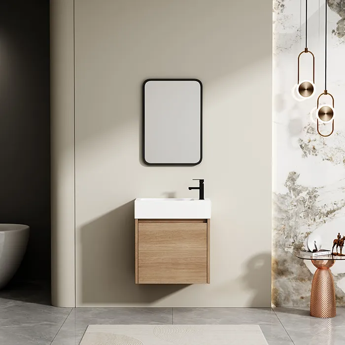 ホテルのためのポリ塩化ビニールの物質的な壁に取り付けられた浴室のキャビネットと置かれる卸し売り浴室の虚栄心