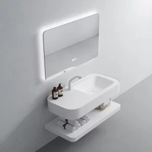 Mueble de baño de diseño, venta al por mayor directamente de fábrica, fabricado en piedra artificial y con espejo de maquillaje
