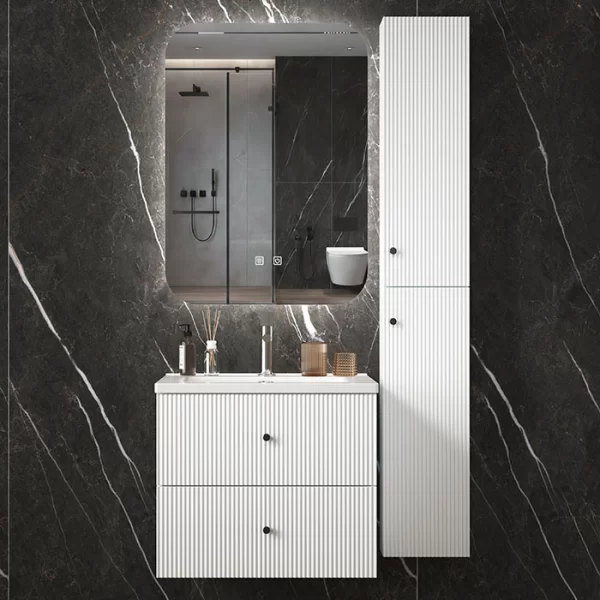 Factory wholesale luxury pvc bathroom storage cabinet with ceramic basin and led mirror