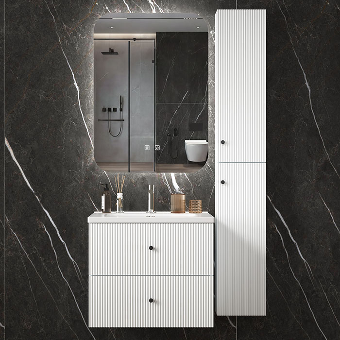 Factory wholesale luxury pvc bathroom storage cabinet with ceramic basin and led mirror