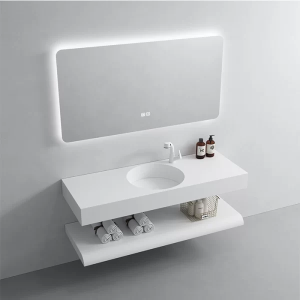 高級人工石製バスルーム用洗面台キャビネットセット(壁掛け式LEDミラー付き)