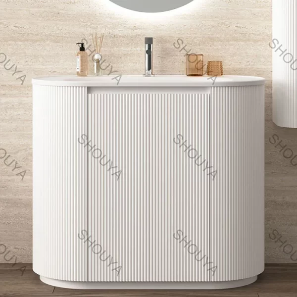 New arrival curved fluted white pvc custom bathroom cabinet set