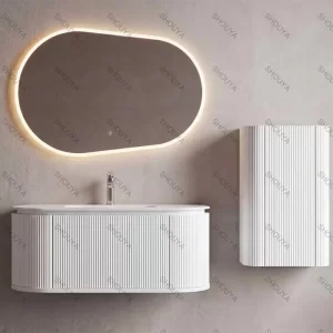 Mueble de baño con armario lateral al por mayor, armario de baño de PVC resistente al agua y espejo a medida