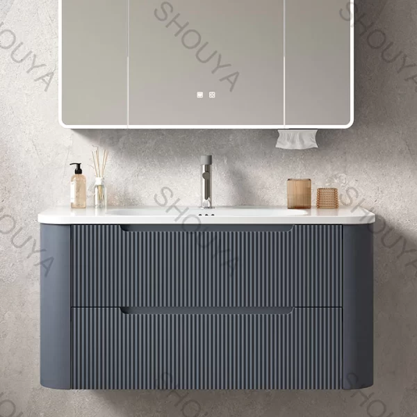 溝付きバスルーム用洗面化粧台（卸売）、LEDミラー付き壁掛け式ブルーキャビネットセット