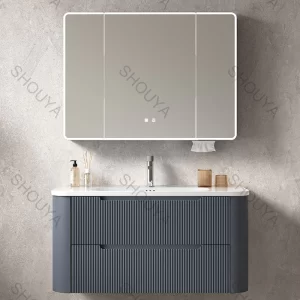 工場直売価格のPVC製壁掛け式バスルームキャビネットセット（セラミック洗面ボウル・LEDミラー付き）