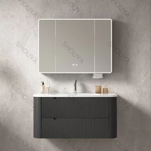 Factory wholesale luxury black custom bathroom cabinet with LED mirror for hotel bathroom