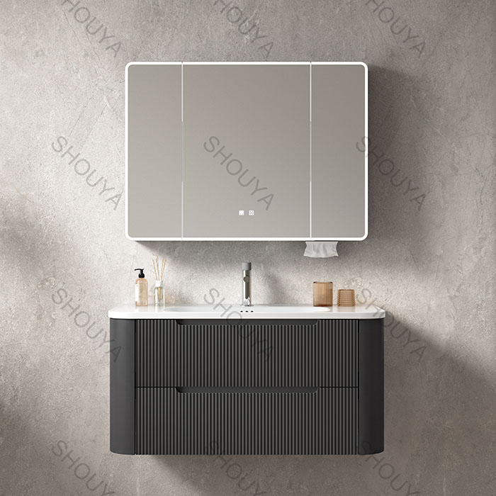 Armario de baño de lujo negro a medida, venta al por mayor directamente de fábrica, con espejo LED, para el cuarto de baño de un hotel