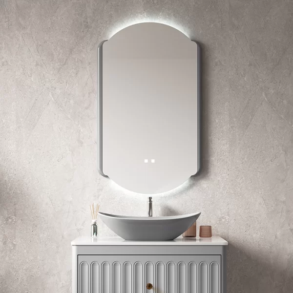Custom Grey Bathroom Vanity with Curved Vessel Basin and Framed Backlit Mirror in Bulk