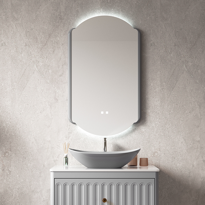 Custom Grey Bathroom Vanity with Curved Vessel Basin and Framed Backlit Mirror in Bulk — изображение 3