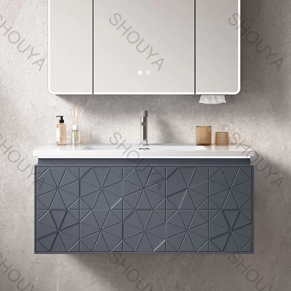 Wholesale PVC Cabinet Grey Bathroom Vanity Floating Waterproof Geometric Embossed Design