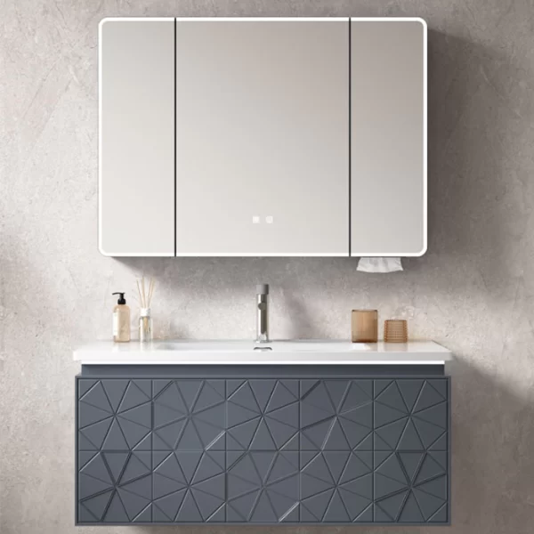 Wholesale PVC Cabinet Grey Bathroom Vanity Floating Waterproof Geometric Embossed Design
