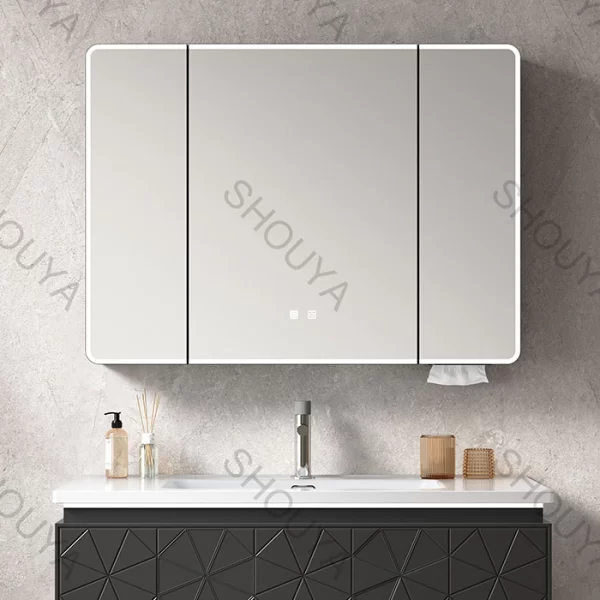 Wholesale Bathroom Cabinets with Mirrors Wall-Hung PVC Vanity with Smart LED Mirror and Geometric Texture