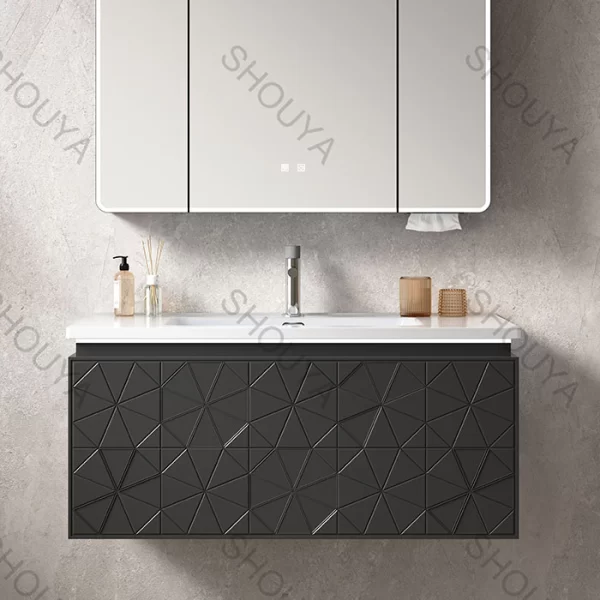 Wholesale Bathroom Cabinets with Mirrors Wall-Hung PVC Vanity with Smart LED Mirror and Geometric Texture