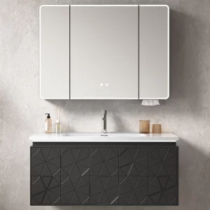 Wholesale Bathroom Cabinets with Mirrors Wall-Hung PVC Vanity with Smart LED Mirror and Geometric Texture