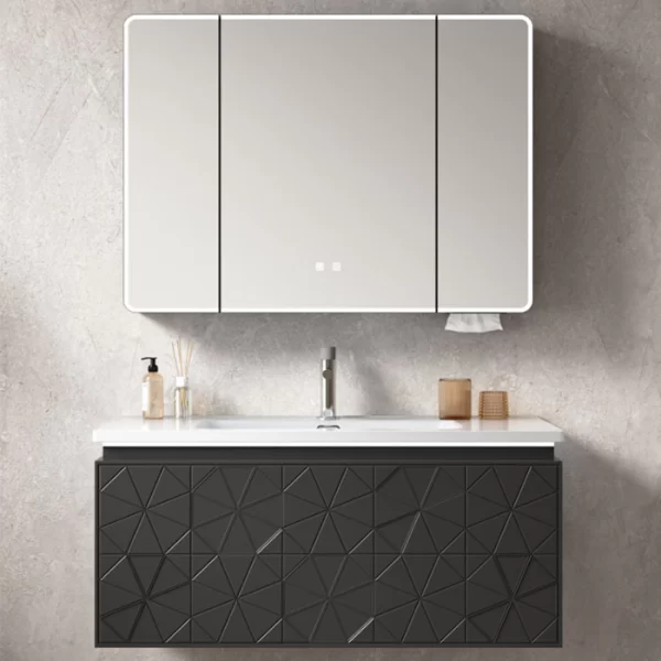 Wholesale Bathroom Cabinets with Mirrors Wall-Hung PVC Vanity with Smart LED Mirror and Geometric Texture