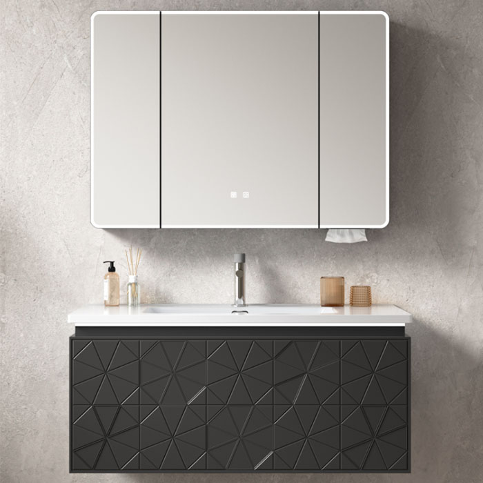 Wholesale Bathroom Cabinets with Mirrors Wall-Hung PVC Vanity with Smart LED Mirror and Geometric Texture