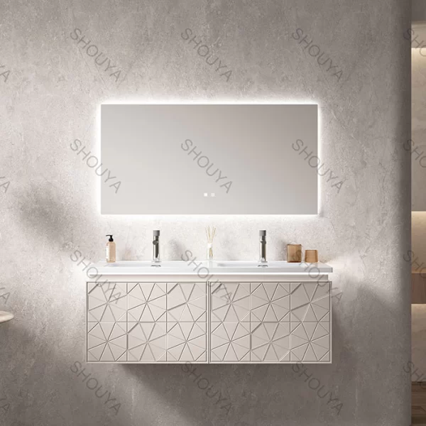 Custom PVC Bathroom Vanity Floating Design with Smart LED Mirror and Geometric Texture in Bulk