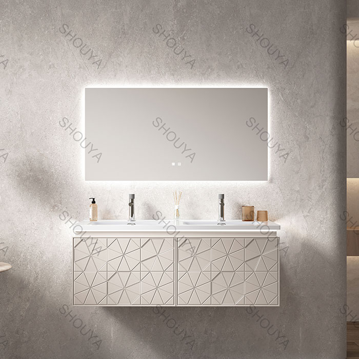 Custom PVC Bathroom Vanity Floating Design with Smart LED Mirror and Geometric Texture in Bulk