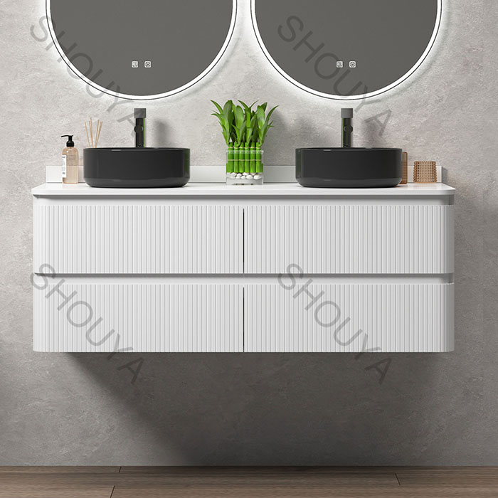 Muebles de baño al por mayor con lavabos dobles: mueble de baño moderno suspendido de PVC con frentes acanalados y cajones con cierre suave