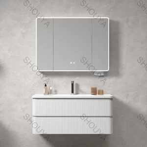 Custom Modern Bathroom Cabinets with an Anti-Fog LED Mirror Cabinet, Fluted Fronts and Wall-Mounted Drawer Storage in Bulk