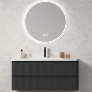チャコール色の溝付きフロント、壁掛け収納、引き出し2つ、丸型LEDミラー付き、オーダーメイドの黒いバスルームキャビネット(まとめ買い)