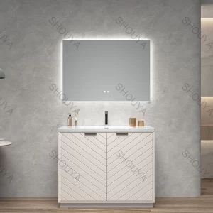 Wholesale Freestanding Bathroom Cabinet in Khaki PVC with Chevron Double Doors, Recessed Handles and LED Mirror