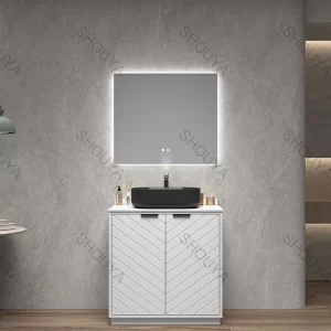 Wholesale Freestanding Bathroom Vanity with Sink – White PVC Cabinet with Chevron Doors, Black Ceramic Basin and LED Mirror