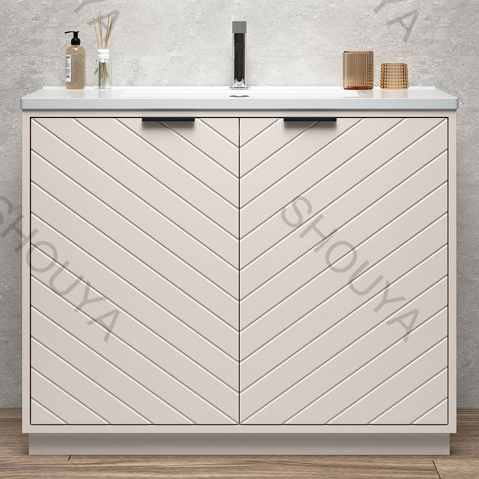 Mueble de baño independiente al por mayor en PVC de color caqui, con puertas dobles con diseño en forma de chevron, tiradores empotrados y espejo con iluminación LED